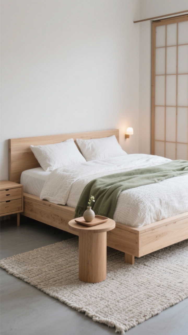 Overhead detail shot: “Japandi Calm” textures and proportions around a low platform bed in pale oak with a slim wood headboard; visible elements include a textured white duvet, linen pillowcases, and a folded sage throw at the foot; flat-weave wool rug in a light undyed tone extending evenly around the bed; stool-height cylinder bedside table with a minimal tray and a single ceramic bud vase; tiny pin sconce light casting a soft pool of warm light; glimpses of soft-close under-bed drawer lines and a shoji-style wardrobe door track; palette of warm white, light oak, stone gray, whisper of sage; serene, minimalist styling.