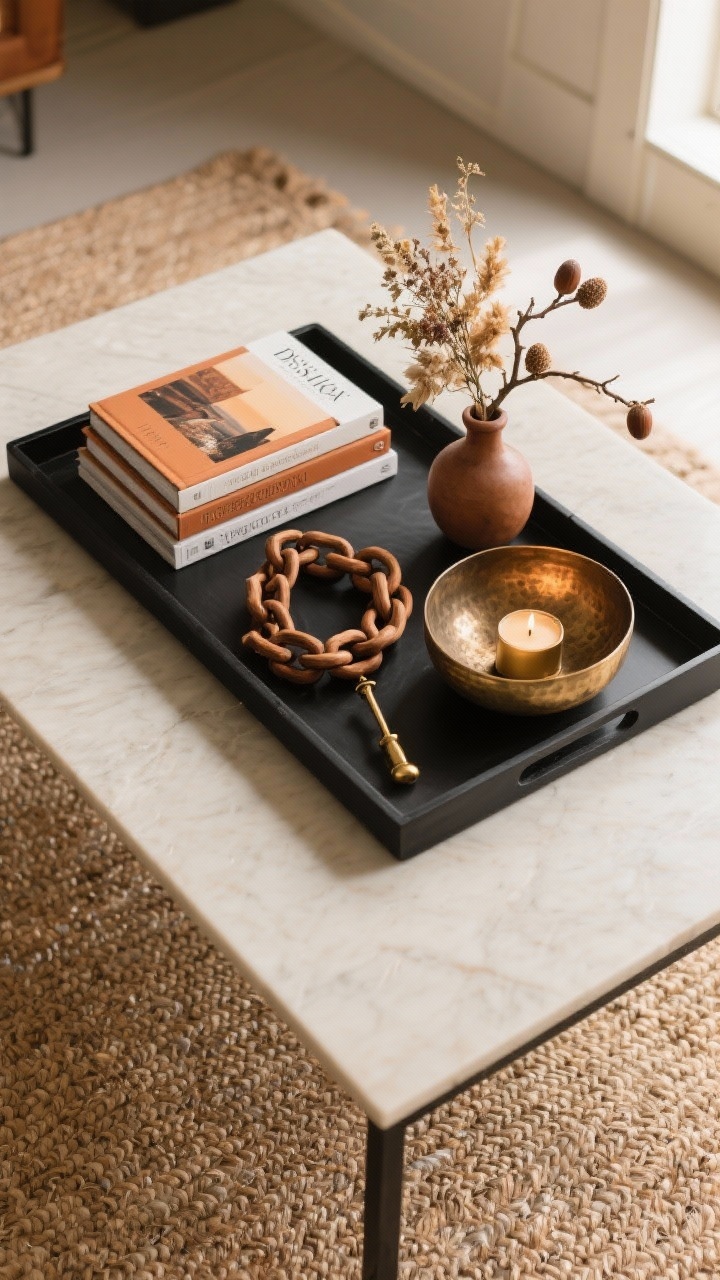 Overhead detail shot of a curated fall coffee table: a matte black tray grounding the arrangement, two stacks of design and travel books with warm-toned covers, a sculptural wooden chain, a hammered brass bowl, and a rich-scented candle with a brass snuffer beside it. A small bud vase holds dried florals and a twig with acorns. Negative space is intentionally left on the table surface, set on a jute rug. Soft morning light from one side, photorealistic textures.