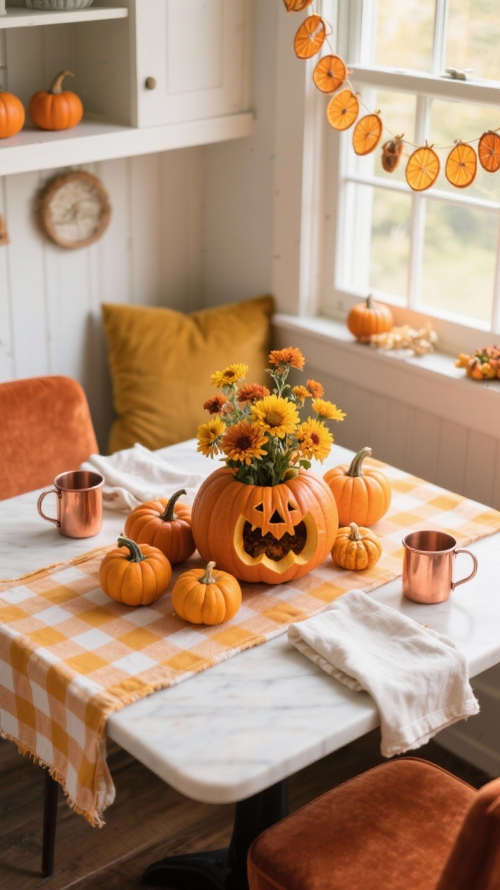 Overhead detail shot of a kitchen nook table styled like a pumpkin patch: gingham runner across a small cafe table; cluster of mini pumpkins; central DIY pumpkin vase (hollowed pumpkin) filled with marigolds and mums; linen napkins; copper mugs glinting at the edge of the frame; warm morning light casting through a window where a garland of dried orange slices is draped, glowing; hints of terracotta or mustard velvet chair cushions at the perimeter; palette of terracotta, mustard, white, and copper; crisp, photorealistic textures.