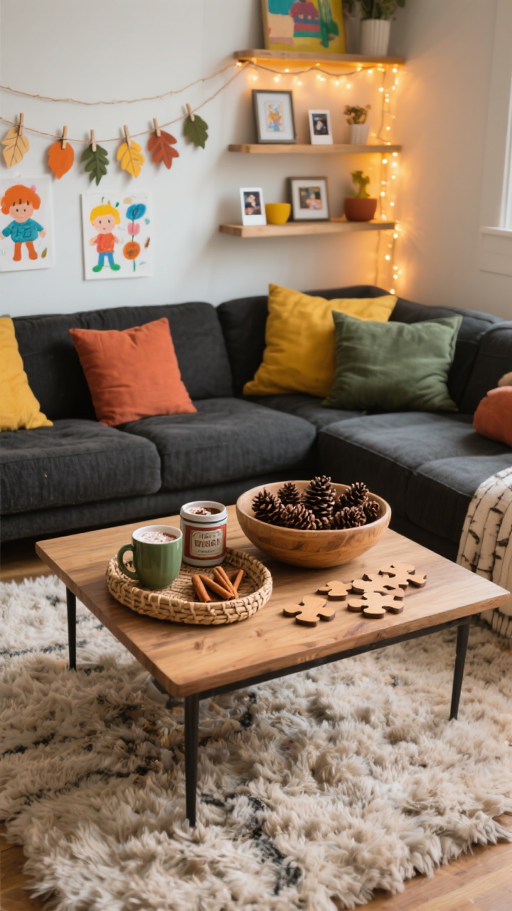 Overhead detail shot of a playful family room coffee table craft setup: woven tray with hot cocoa fixings (mugs, cocoa tin, cinnamon sticks), a big bowl of cinnamon pinecones, and wooden puzzles on a soft shaggy rug; background hints of a charcoal sectional with mismatched pillows in mustard, terracotta, and olive; along a nearby wall, twine strung with clothespins holding painted paper leaves, kids’ art, and Polaroids; warm string lights glowing on floating shelves; palette mustard, terracotta, olive, charcoal, birch wood; cozy, creative; photorealistic.