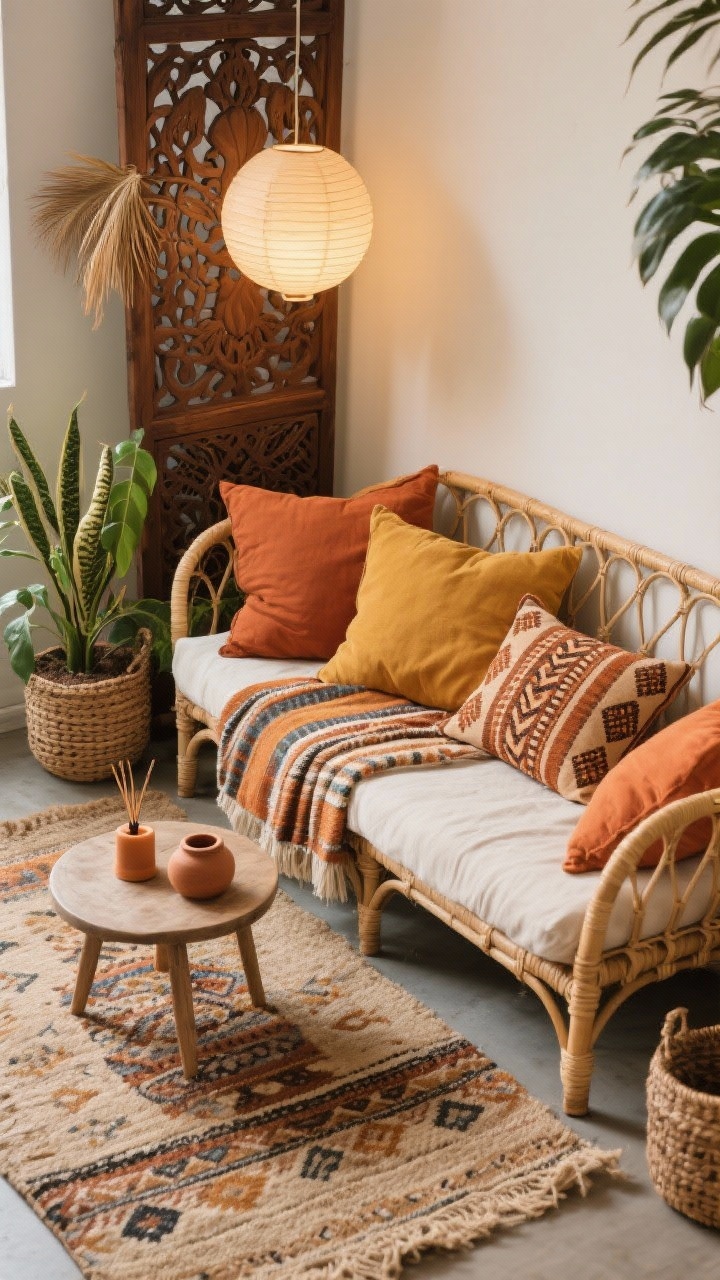 Overhead detail shot of a “Pumpkin Spice Boho Studio” vignette: rattan daybed piled with pillows in terracotta, mustard, and clay; pattern play visible—mudcloth pillow, block print throw, stripe lumbar; layered rugs with a neutral jute base topped by a patterned kilim; small rounded side table holding ceramic incense holder and terra-cotta candle vessels; nearby plants—pothos, snake plant, dried palms in woven baskets; a carved wooden screen partially framing the scene; soft paper lantern light spilling into frame; cozy, artsy, layered feel, photorealistic, no people.