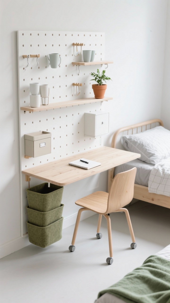 Overhead detail shot, photorealistic, of a Fresh Scandi studio pegboard study wall: white pegboard system with moveable shelves, cups, and hooks neatly organized; a narrow modular desk clicked into the pegboard, light wood surface with a minimal notebook and pen; compact molded wood task chair on casters slightly angled out; stacked felt bins on lower pegs, a small closed cabinet box for unsightly items, a petite terracotta plant on a wall shelf; nearby cues of the bedroom—pale ash Scandi bed frame with tapered legs, light gray sheets, white quilt, and a folded sage green throw; soft diffuse daylight, clean white and soft gray palette with pale ash wood and touches of sage; overall bright, tidy, and functional.