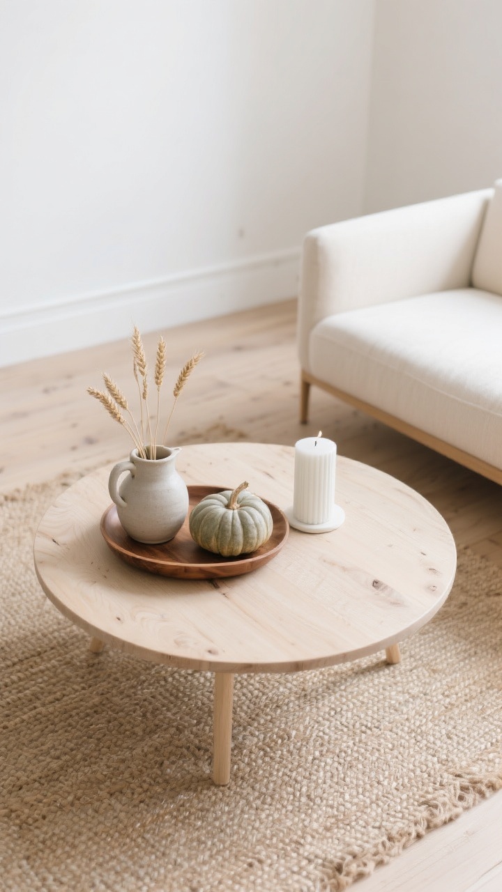 Overhead detail shot, Scandinavian Harvest Minimal: pale oak floors, white walls, low-profile bone-colored sofa edge and jute rug visible. Bleached-wood oval coffee table centered with a wide, shallow oak tray. In the tray: a stoneware pitcher holding a few dried barley stems, a matte ceramic pumpkin in chalk, and a white ribbed pillar candle in a simple holder, with generous negative space between objects. Palette: chalk, oat, putty, pale ash. Textures: raw wood, stoneware, cotton, jute. Soft daylight, airy and minimal. No people, photorealistic.