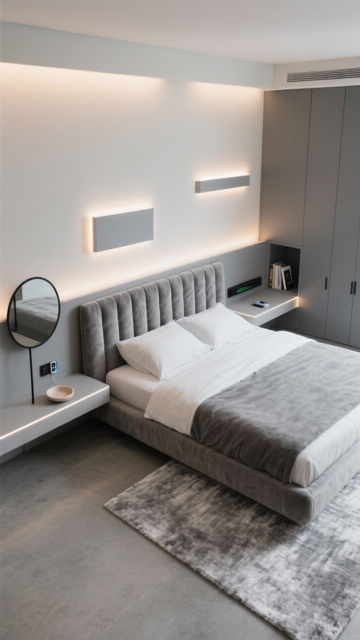 Overhead detail shot, Soft Tech Retreat: A sleek greige-and-graphite vignette centered on the channel-tufted smoke velvet headboard and bed, showing the plush silver-gray cut-pile rug on polished concrete. Wafer-thin floating night ledges on each side conceal wireless chargers (phone placed subtly). Above the headboard wall, two flush-mount LED panels wash the graphite accent in adjustable warm light, creating a soft gradient. Built-in wall niche running the headboard length with minimal concealed doors; a slim soundbar and a couple of books inside one open section. In the frame edge, a matte gray wall-mounted wardrobe keeps the floor clear; a round black-metal mirror and a putty ceramic tray on a ledge. Color story: greige, graphite, smoke, soft white. Clean, calm, tech-forward mood.