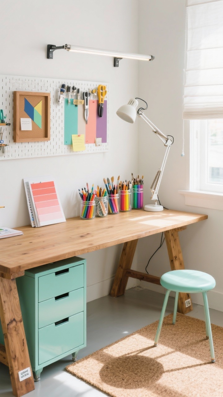 Overhead detail shot, Sunny Creative Studio workspace: rectangular oak trestle desk surface with a white pegboard strip at the top edge showing organized tools; color-blocked accents including pastel mint powder-coated metal cabinet drawer sample, coral swatch cards, and a small round mint task stool partially visible; natural cork mat texture under the desk edge; labeled glass jars filled with rainbow-sorted art supplies (markers, brushes, washi tapes) arranged neatly; a linen pinboard framed in oak with geometric color-block notes; swing-arm wall lamp head entering frame, track lights casting bright even illumination; white linen roman shade diffusing sunlight at the edge of the shot. Photorealistic, bright and playful, crisp shadows.