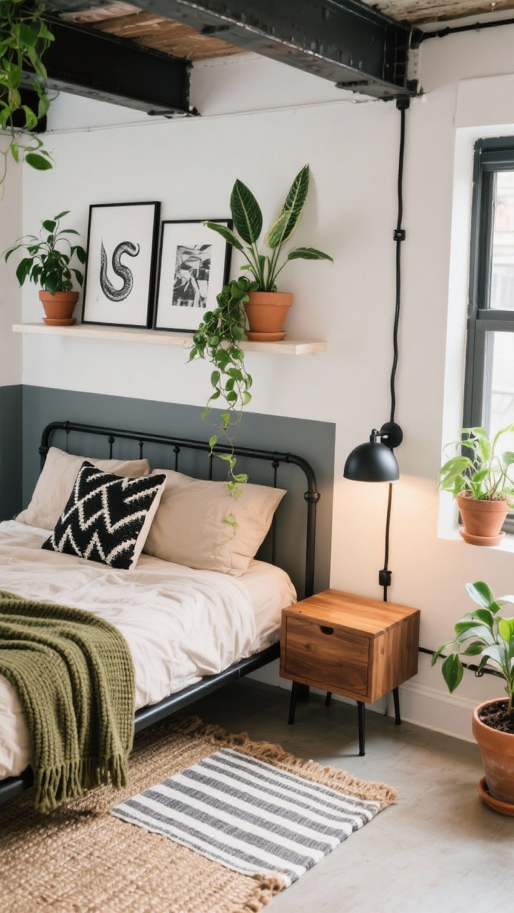 Overhead detail shot, Urban Plant Loft ledge and textiles: black metal bed frame edge with oatmeal duvet, olive knit throw draped, black-and-white lumbar pillow graphic pattern, layered floor showing jute rug beneath a striped cotton runner, warm white/pale putty wall with a graphite accent behind the bed, wall-width simple shelf ledge holding monochrome art prints, terracotta pots with pothos, trailing ivy, and snake plant leaves spilling slightly into frame, mango wood nightstand corner with black dome sconce above, tidy black cable clips along baseboard; industrial-meets-lush mood, fresh and alive; soft daylight with plant-friendly LED near window; photorealistic.