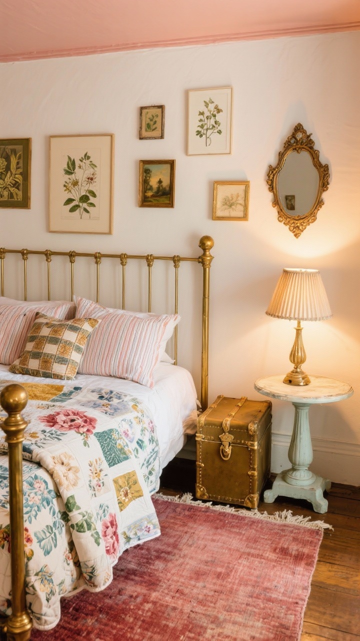 Overhead detail shot, Vintage Eclectic Hideaway: A styled composition from above showing the foot of a slender-post brass bed layered with mixed prints: a floral duvet, striped shams, and a contrasting folded quilt. An overdyed rug in softly faded ruby peeks beneath. On one side, the top of a vintage trunk used as a nightstand; on the other, a painted pedestal table with a pleated shade table lamp casting warm light. A hint of warm white wall and a blush-painted ceiling edge visible at frame, with glimpses of mismatched art (botanical print, small thrifted oil painting, ornate mirror) arranged tightly on the wall. Photorealistic, cozy golden-hour warmth, focus on patterns, brass, and layered textures.