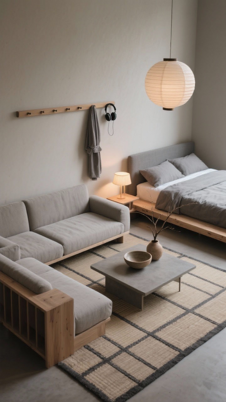 Overhead shot, Japandi calm lounge zone: modular armless floor sofa arranged to about 64–70 inches total width on a thick tatami-inspired rug across from a low platform bed in stone-gray linen; greige walls, low horizontal furniture lines; low slab-style coffee table with rounded corners holding a shallow ceramic bowl and a single branch in a tall textured clay vase; narrow wall-mounted rail with two pegs holding a robe and headphones; palette of greige, sand, charcoal, natural wood (ash); soft, dimmable lighting from a paper lantern pendant and low table lamps creating warm pools of light; intentional, grounded mood; photorealistic, no people.