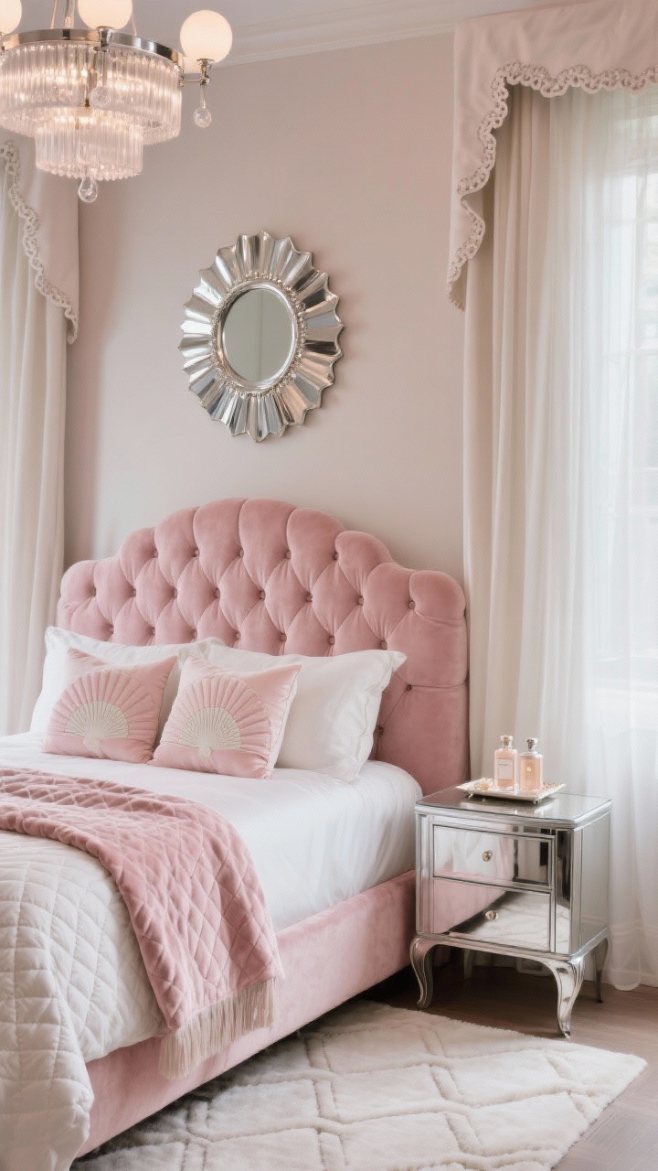 Photorealistic closeup detail of a rose-quartz bedroom vignette emphasizing soft glam textures. Focus on a scalloped channel-tufted headboard in rose-quartz velvet with ivory sateen bedding, a quilted velvet throw at the foot, and two Art Deco fan pillows in blush and ivory. Beside the bed, a chrome-and-lacquer nightstand with rounded corners, one slim drawer, and a petite shelf holding a mirrored tray with pale perfume bottles; above, a chrome halo chandelier with frosted glass orbs softly glowing. Background hints of plush ivory rug with pale geometric trellis and sheer ivory curtains layered under blackout velvet panels with crisp scalloped trim. Include a round sunburst mirror in mixed chrome and pearlized resin on the wall. Angle: tight three-quarter detail, soft diffused evening light highlighting satin and velvet textures.