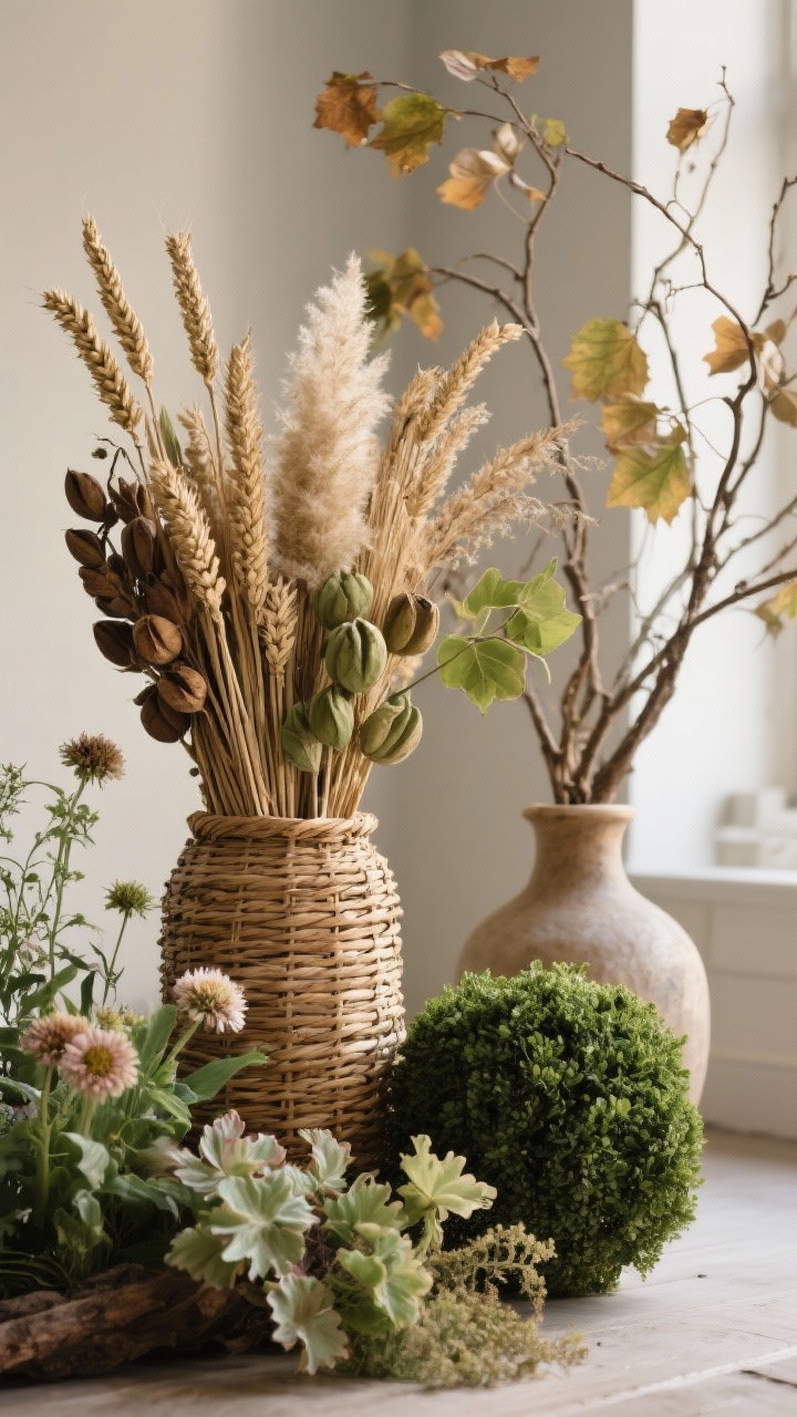 Photorealistic closeup detail of natural textures and greens: a tall woven basket or urn holding dried bundles of wheat, pampas grass, and seed pods; nearby, live plants like asters, heuchera, and a clipped boxwood for contrast; foraged twigs or maple branches adding sculptural height in a tall vase. Tuck in a few high-quality faux stems seamlessly mixed among the real elements for fullness. Earthy, layered, slightly wild composition with warm, diffused daylight highlighting fibers and leaf textures.