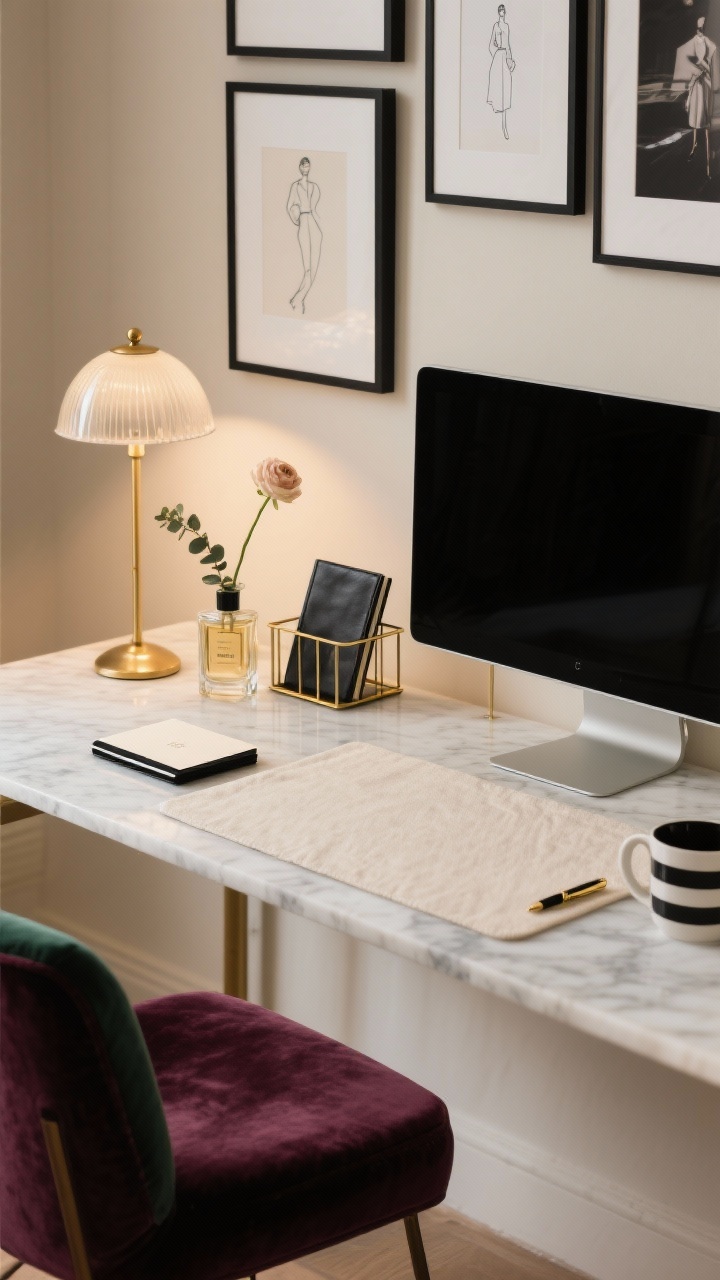 Photorealistic closeup detail of Parisian chic desktop styling: a champagne linen-textured desk pad beneath a marble-look monitor riser; a slim brass or black metal desk organizer; black gallery frames featuring fashion sketches and minimal photography arranged against a creamy neutral backdrop. Include a petite bud vase with a single stem (ranunculus or eucalyptus) and a perfume-style glass bottle repurposed as a hand sanitizer or lotion dispenser. Warm, intimate glow from a mini dome lamp in brass or milk glass just out of frame contributing soft light; edge of a velvet cushion in deep merlot or forest showing on chair. Stationery details visible: cream notecards with black edging, gold ballpoint, black leather notebook, and a black-and-white striped mug. Color palette: ivory, black, brass, merlot/forest. Soft focus depth of field, moody yet refined.