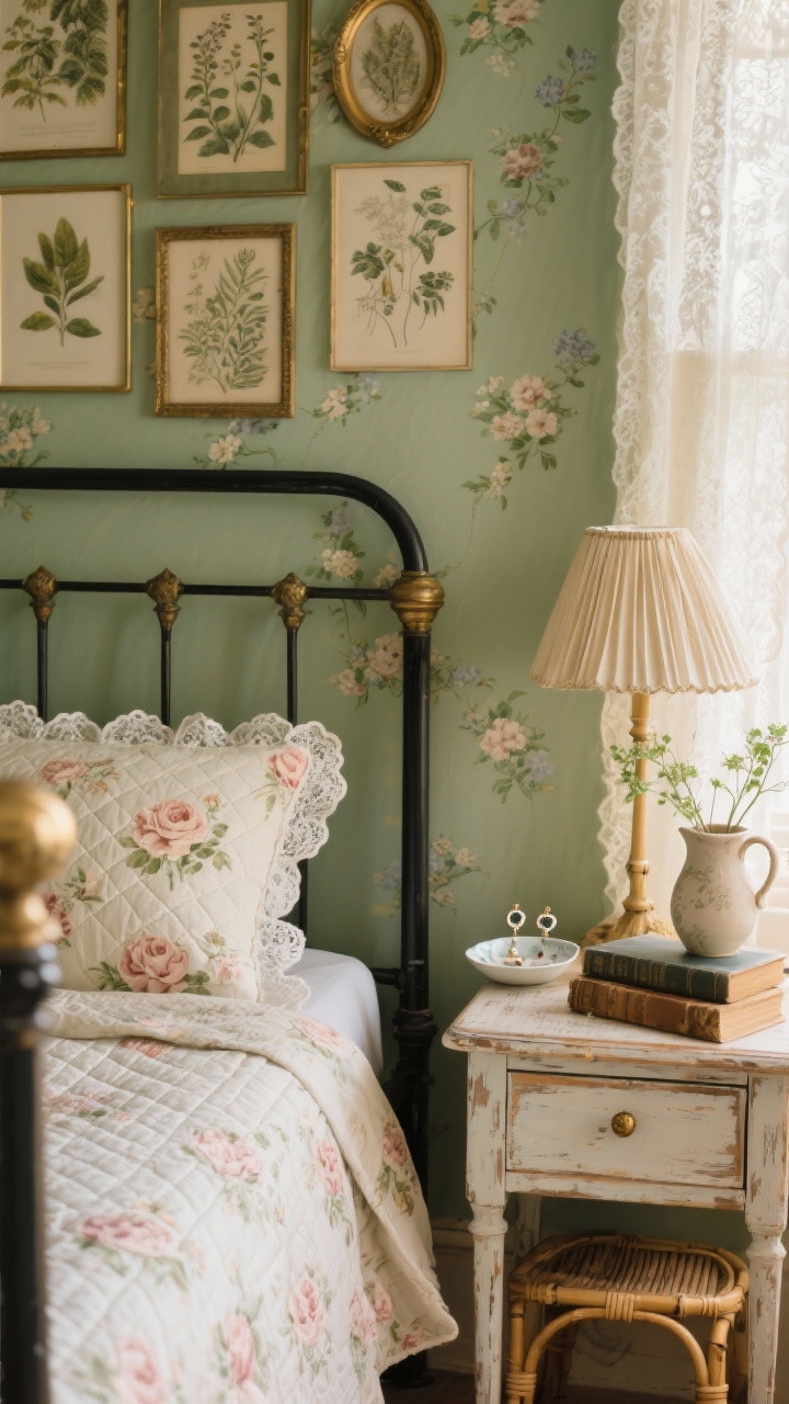 Photorealistic closeup detail shot, Cottagecore Romance With Botanical Charm: vignette of an antique-style iron bedframe (soft black) with a quilted coverlet in a faded rose floral print and a scalloped-edge pillow; mismatched nightstands—one painted wood with delicate knobs, one tiny bamboo table—showing a pleated fabric lampshade and a stack of worn novels; background hint of sage green wall or small-scale floral wallpaper; cluster of vintage botanical prints in thin brass frames slightly out of focus; lace cafe curtains filtering soft daylight; small porcelain dish for earrings and a ceramic pitcher with fresh stems on the nightstand; textures of quilted cotton, lace, painted wood, and iron emphasized. Golden, cozy afternoon light, shallow depth of field.