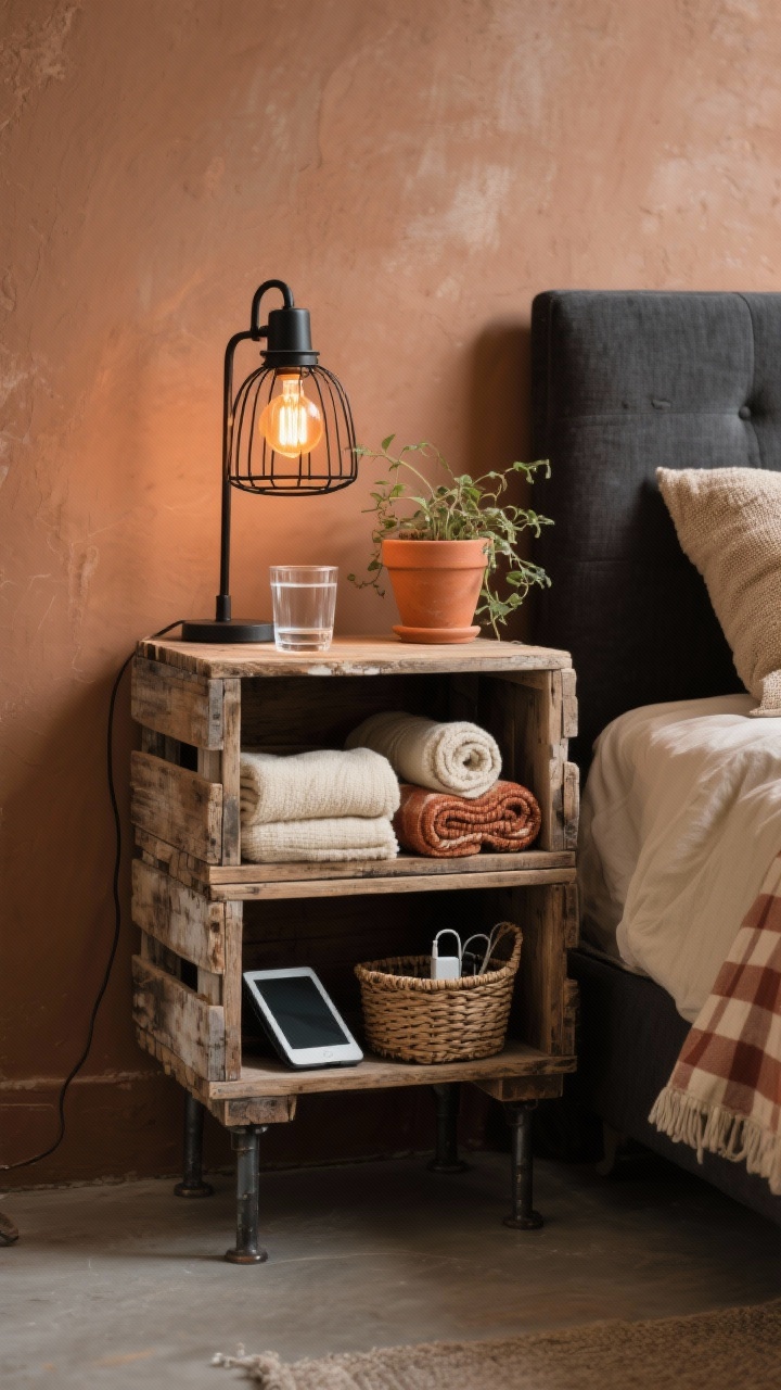 Photorealistic closeup/detail shot focusing on a rustic nightstand made from two weathered wooden crates stacked vertically, openings facing front. The top holds a black metal cage lamp with an amber bulb glowing warmly and a clear glass of water; shelves below show rolled blankets, an e-reader, and a small woven basket for chargers. Background: earthy clay wall color; a small terracotta pot with a trailing plant softens the setup. Edge hints of a charcoal upholstered headboard, oatmeal linen duvet, and textured cushions (nubby cream, rust, subtle check). Textures: rough wood, woven basket, linen, metal. Cozy, curated, warm-industrial mood, shot straight-on at crate height.