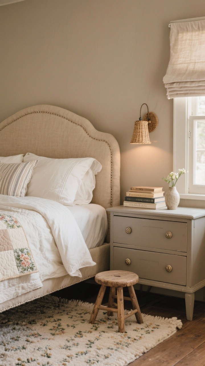 Photorealistic closeup detail shot focusing on cozy cottage layering against warm greige walls: a nubby oatmeal upholstered bed frame with rounded corners, creamy cotton duvet, subtle floral or pinstripe sheets peeking out, and a folded quilt at the foot. In frame, a painted dresser in muted mushroom or soft taupe with ceramic knobs, plus a tiny rattan sconce glow near a reading nook edge. Hand-tufted wool rug with a small-scale pattern visible beneath the bed corner. A linen Roman shade filters soft daylight; a small stool used as a bedside table holds a stack of books and a bud vase. Mood: soft, layered, welcoming, collected over time.