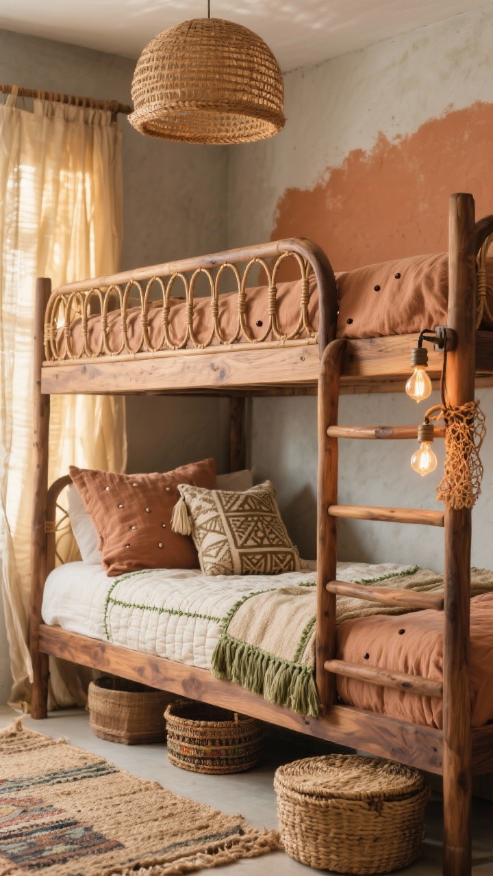 Photorealistic closeup detail shot focusing on textures of an organic boho bunk: warm walnut wood-grain frame with rounded corners and softly curved ladder, top guardrails with caning panels. Bedding textures prominent: clay-hued muslin duvet with tufted dots on the lower bunk, creamy quilt with olive stitching above; pillows in nubby bouclé, block-printed patterns, and tassels. Warm rattan clamp light with Edison bulb attached to the bunk rail casting cozy glow; lacy shadow hints from a woven dome pendant above. Background elements softly visible: layered rugs (natural jute base with a smaller vintage-style kilim on top), lidded seagrass baskets under bed, greige wall with sunbaked terracotta accent behind the head of the bunks, gauzy linen curtains filtering golden light. Collected, artisan warmth.