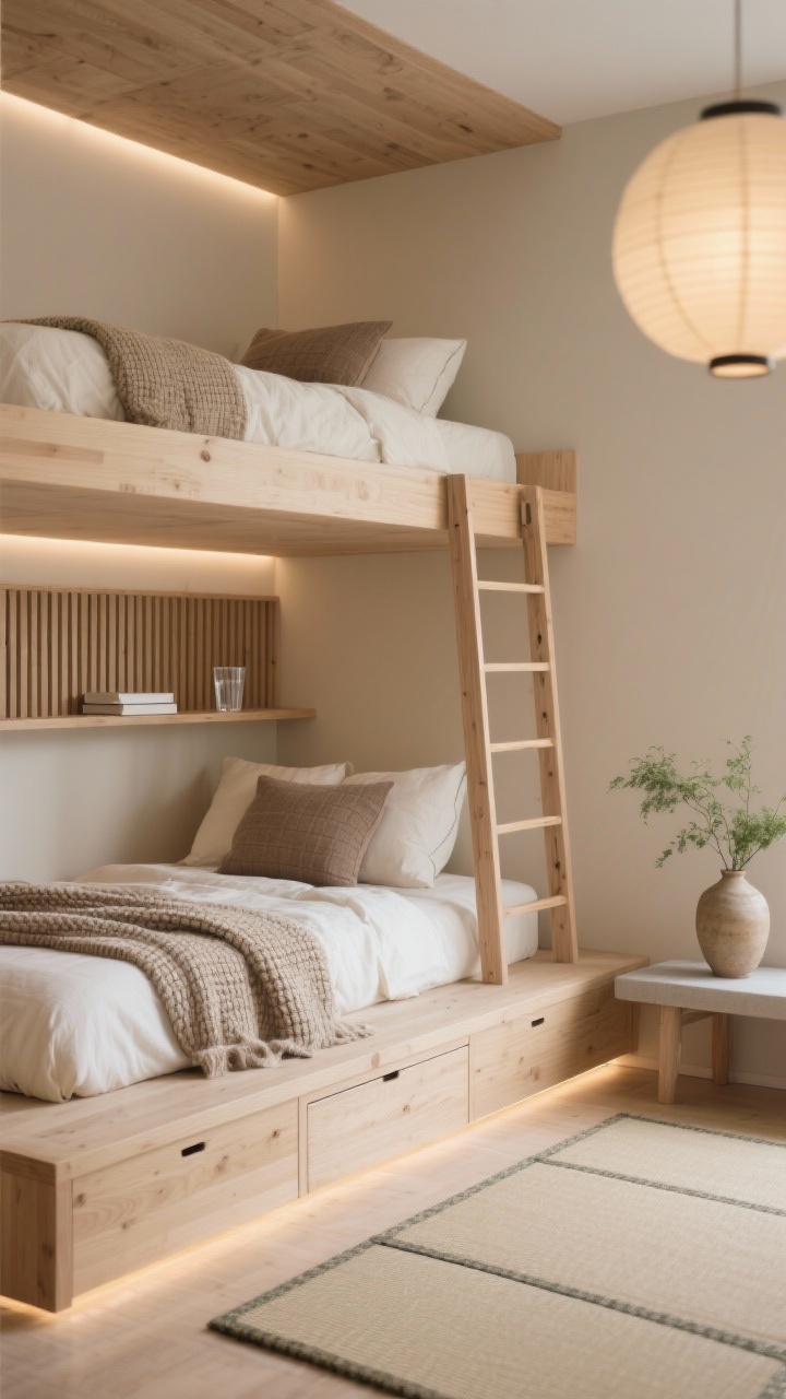 Photorealistic closeup/detail shot from a low angle focusing on Japandi textures and joinery: light ash wood platform-style bunks with clean lines and an integrated ladder cut into the side panel; subtle hidden drawer seams underneath. Mushroom beige wall backdrop; slatted wood backboard that doubles as a slim shelf with a single book and a water glass. Ecru bedding with organic cotton duvets, waffle-knit throws, and two small dense pillows per bed in taupe accents. Recessed LED strips softly washing under the upper bunk and along the headboard shelf; a small paper lantern pendant blurred in the background. Flooring reads as tatami-style mat or low-pile neutral rug with minimal pattern. One ceramic vase with a sprig of greenery and a low-profile bench nearby. Quiet, serene, negative-space-forward composition.