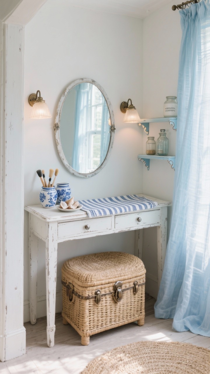 Photorealistic closeup/detail shot inside a cozy alcove: distressed white slim antique-look console vanity behind soft, sheer French curtains that lightly puddle on the floor; sun-washed palette of sea-salt walls, sky blue accents, and natural wicker textures; vintage-inspired brushed nickel pivot mirror above; round seagrass ottoman tucked under, suggesting hidden storage; storage accents: wicker lidded trunk under console, shallow wall shelves with scalloped brackets holding jars and bottles; lighting: two small schoolhouse sconces with milk-glass shades casting warm, diffused light; decor: blue-and-white ceramic pots with brushes, tiny dish of seashells, striped linen runner across console; intimate, tucked-away cottage mood; shot slightly angled, close to fabrics and textures; no people.