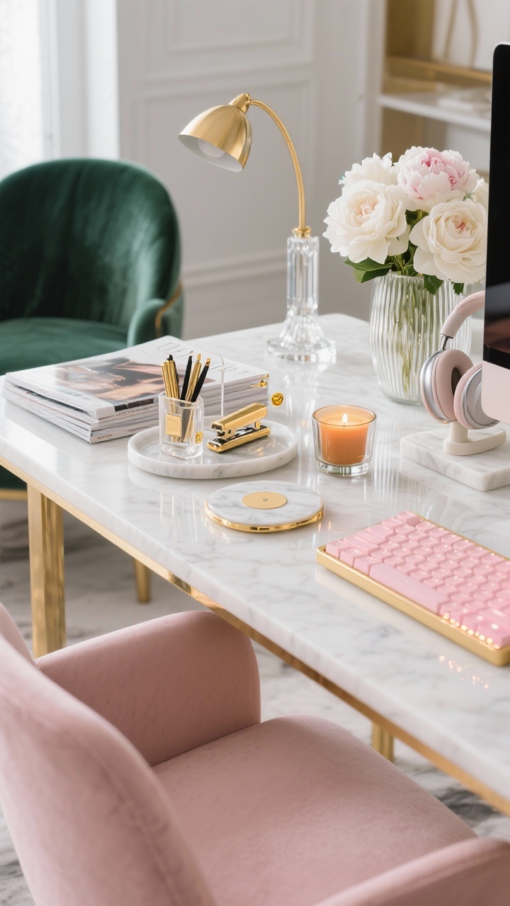 Photorealistic closeup/detail shot of a polished glam office nook desktop. Crisp white desk surface with a marble tray holding perfume, pens, and a gold stapler; glossy magazine stack topped with a glass knot; acrylic file holder with gold hardware. Nearby, a wireless charging pad trimmed in gold; pale pink backlit mechanical keyboard edge visible; sleek over-ear headphones resting on a marble stand; fresh peonies in a ribbed glass vase (or white roses in a low bowl); subtle amber candle in a mirrored votive casting a soft glow. Background hints of a velvet chair in blush or emerald and a brass arc lamp/barely seen crystal-base lamp. Bright, diffused lighting with reflective highlights, straight-on detail focus on luxe materials and shine.