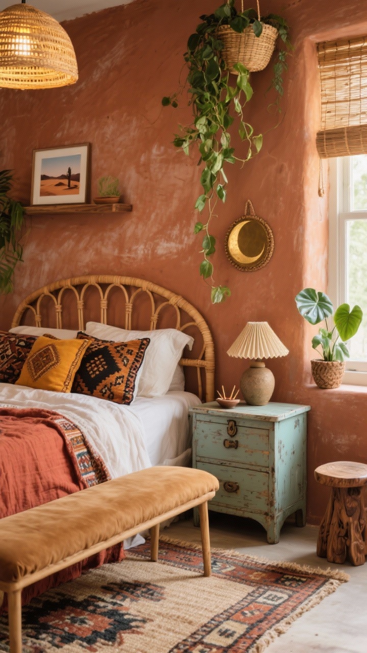 Photorealistic closeup/detail vignette, Boho Botanica Nook. Warm terracotta or cinnamon-tint chalk painted wall as backdrop. Curved rattan headboard edge visible, bed layered with cotton gauze sheets, rust-colored coverlet, and patterned kilim pillows in saffron and charcoal. Foreground: narrow camel suede upholstered bench at the foot of the bed corner. Mismatched nightstands closeup: painted vintage chest on one side with a ceramic incense dish and a tiny lamp with a pleated shade; carved wood stool glimpsed on the other. Overhead hint of a woven dome pendant casting golden dappled light. Lush greenery: trailing pothos from a ceiling hook draping into frame, compact rubber plant in textured pot. Layered rugs visible below: patterned kilim over flat jute base. Accents on wall ledge: small gallery ledge with desert photography, brass moon phase hanging, handwoven wall basket. Window edge with sheer gauze curtain and bamboo shade. Mood: cozy, earthy, layered personality. Perspective: intimate angled closeup highlighting textures and warm lighting.