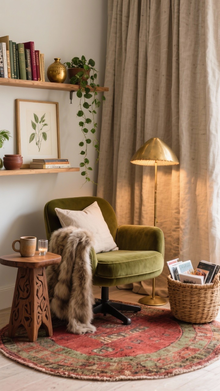Photorealistic closeup/medium reading nook corner: olive velvet swivel chair angled toward a mushroom-style brass floor lamp emitting warm task lighting; floating shelf behind filled with dog-eared novels, small pottery, and a trailing string-of-hearts plant; round Moroccan rug in faded reds and olives beneath; carved teak side table with a hand-thrown mug and smoky glass candle; linen pillow on the chair and a draped faux-fur throw; wicker magazine basket with books; a framed botanical sketch on the wall; floor-to-ceiling heavy flax linen drape softening the background; palette of olive, brass, wine red, warm wood; intimate, cozy composition.