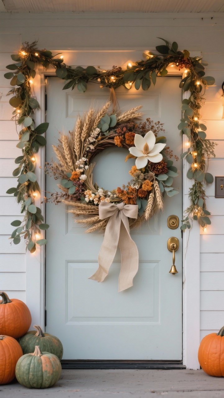 Photorealistic closeup/medium straight-on view of a front door dressed for fall: a large-scale statement wreath made of wheat, eucalyptus, and dried florals; a magnolia-leaf garland loosely framing the door with tiny warm battery fairy lights woven through. Color story echoes nearby pumpkins in muted terracotta, olive, and cream. Add a ribbon tail and a small brass bell on the doorknob for movement. Removable hooks subtly visible. Early evening ambient glow highlighting the wreath and garland; crisp, minimal porch background.