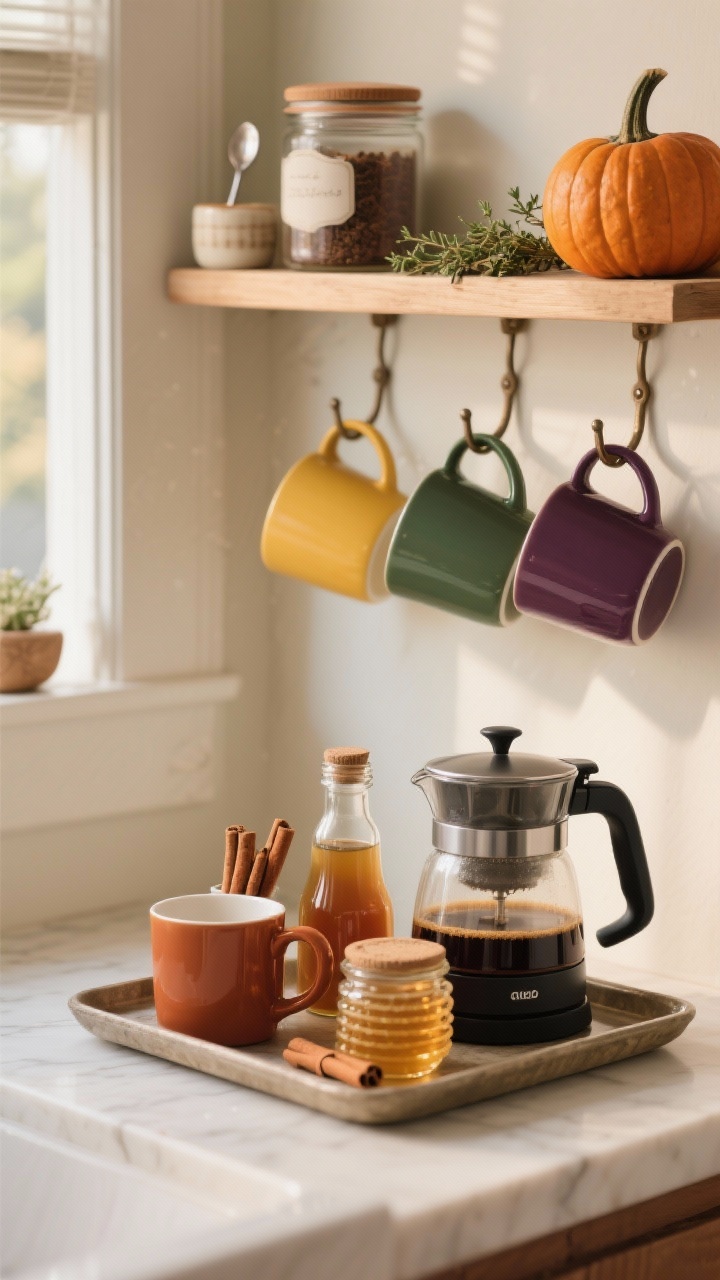 Photorealistic closeup of a cozy beverage nook: a small tray holding a compact coffee maker or kettle, glass syrups, honey jar, and cinnamon sticks; warm-hued mugs (rust, marigold, forest green, aubergine) displayed on small hooks above; a lidded jar for teas/cocoa, a tiny spoon rest, and a discreet touch of decor—a mini pumpkin and a sprig of thyme. Soft morning light; tidy and inviting; shallow depth of field on the tray.