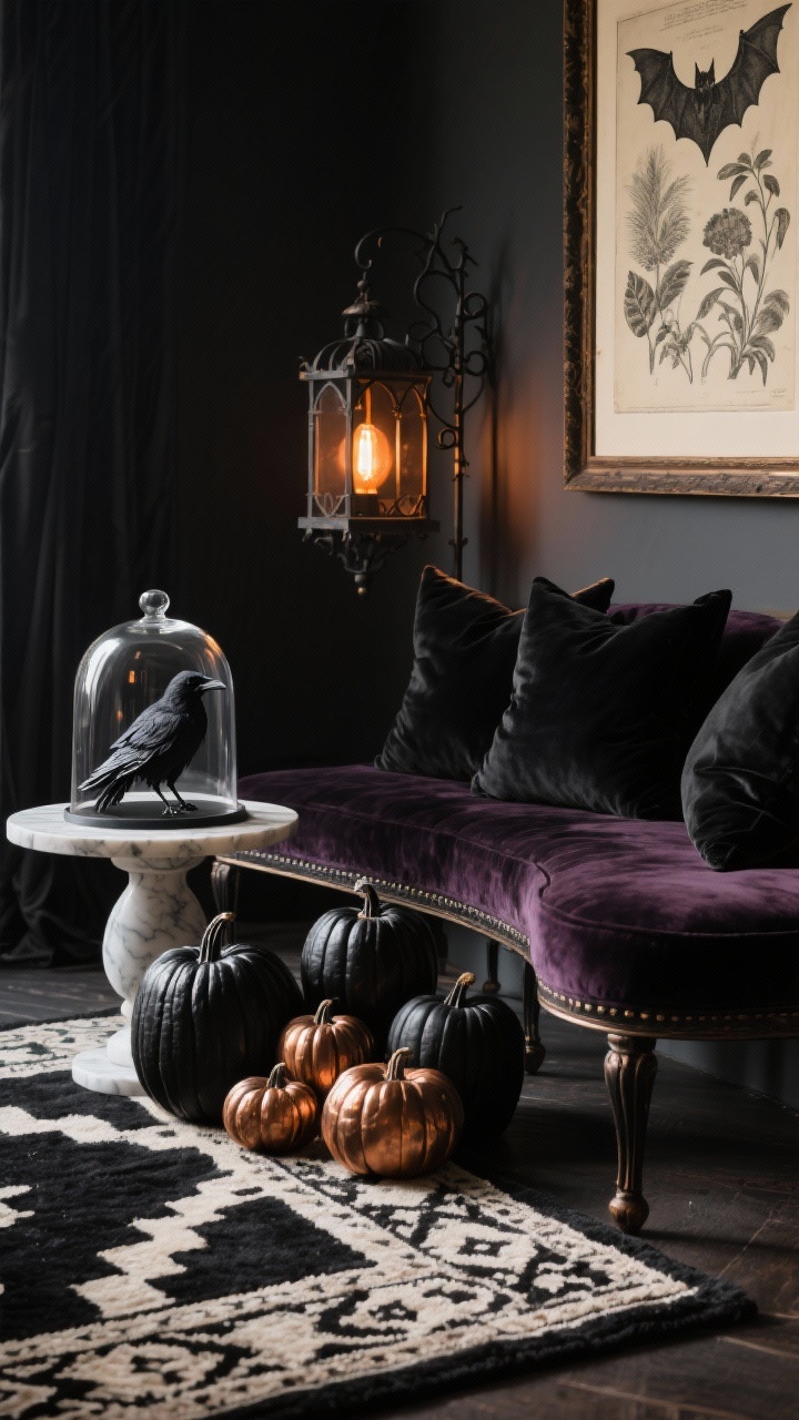 Photorealistic closeup vignette, three-quarter angle: the edge of a black-and-cream Moroccan rug meets the legs of a curved bistro bench topped with velvet black pillows; clustered matte-black pumpkins with a few metallic bronze pumpkins create depth; on a small marble pedestal sits a glass cloche covering faux ravens’ feathers; behind, a framed vintage bat print and a botanical add moody art; a wrought-iron lantern with amber bulbs casts warm highlights; palette of black, bronze, cream, deep plum; materials include velvet, wrought iron, marble, glass; dramatic, stylish evening lighting; no people.