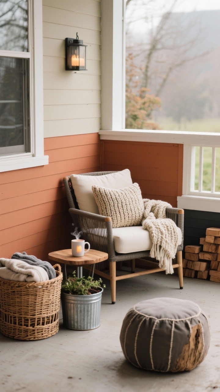 Photorealistic corner-angle medium shot of an outdoor seating nook on a porch: a single chair with outdoor-safe cushions layered with a chunky knit, weather-resistant throw; a low side table holding a steaming mug and a candle; a woven rattan element, a galvanized metal planter, and a wood accent to mix materials. Palette sticks to three tones: terracotta, cream, and charcoal. Include a small outdoor basket with folded blankets and discreet cedar blocks peeking out; add a pouf or stump stool as a footrest for height variation. Overcast warm daylight for a cozy feel.