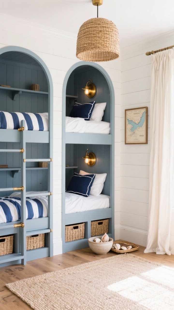 Photorealistic corner medium shot of coastal built-in bunks: the custom bunk frame painted soft muted slate blue with charming arched cutouts for each bunk; matching ladder with subtle brass hardware. One wall in white shiplap, others in pale sand-colored paint; light-filtering linen curtains. Bedding features classic blue-and-white striped duvets, crisp white sheets, and navy lumbar pillows with white piping. Brass porthole sconces tucked inside each arch glow warmly; a woven rattan ceiling pendant overhead. Built-in cubby shelves at the head of each bunk, wicker baskets under the lower bunk. Decor details: a framed vintage coastal map, a ceramic bowl of shells, and a small woven tray. White oak floor with a flat-weave sandy beige rug. Bright, breezy, boutique beach-cottage mood.