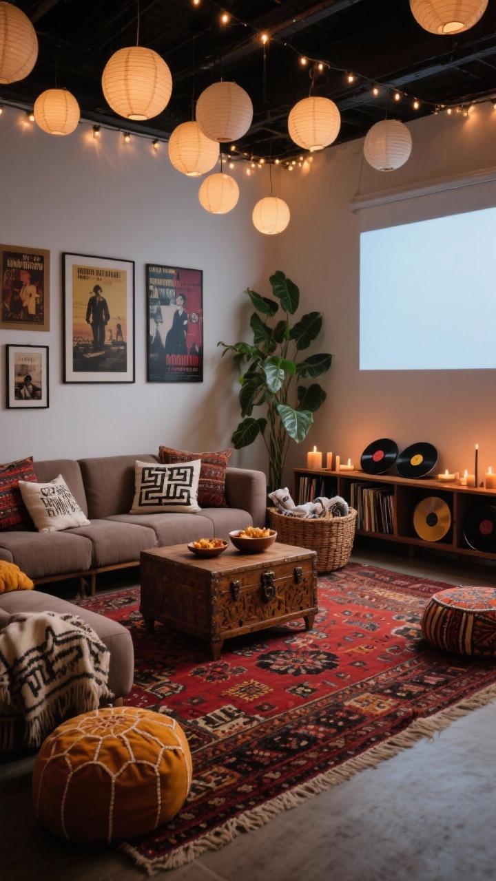 Photorealistic cozy movie lounge wide shot, dim moody lighting: modular floor sofa in taupe with scattered floor cushions and poufs in kilim and suzani patterns; large patterned rug in reds, saffron, and charcoal anchoring the space; fairy lights strung across the ceiling and staggered paper lantern pendants for glow; projector screen on a clean white wall; carved chest as coffee table holding snack bowls; lidded basket filled with throws; block-printed pillows and thin-framed vintage movie posters on the wall; low bookcase with candles, vinyl records, and a trailing philodendron; palette of taupe, saffron, cranberry, charcoal; inviting lounge vibe, corner angle.