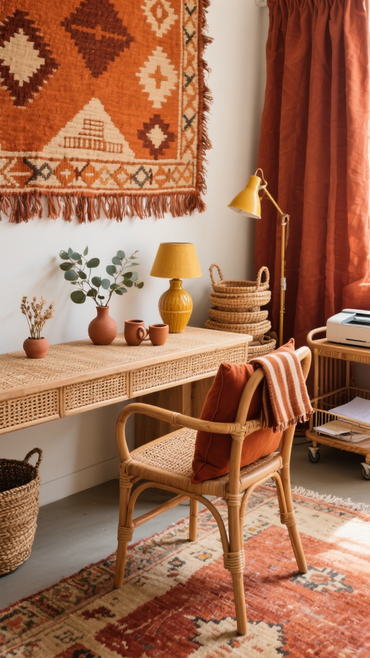 Photorealistic detail closeup angled from desk height in a Pumpkin Spice Boho Studio: woven rattan desk surface with mid-century cane-back chair featuring a burnt sienna cushion. In frame: edge of an oversized terracotta tapestry with geometric shapes and fringed edges on the wall, Moroccan-style rug in rust, sand, and clay underfoot. Color pops: mustard ceramic lamp glow, paprika linen curtain fold, cinnamon-striped throw draped over chair back. Boho storage moments: stacked rattan baskets and a repurposed bar cart with printer and paper. Decor elements tight in frame: clay bud vases, dried eucalyptus cluster, hand-thrown mugs. Warm afternoon light, handcrafted vibe.