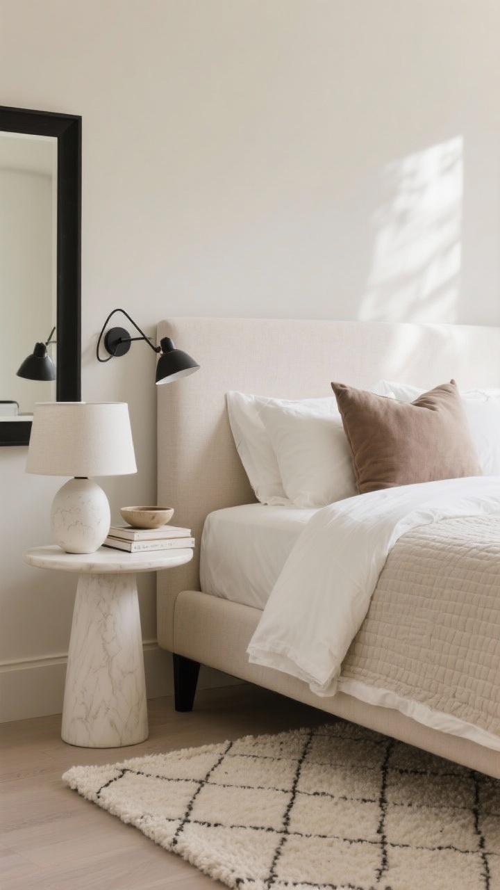 Photorealistic detail closeup focused on textures and restraint in a warm greige minimalist bedroom: pale upholstered headboard with slim black legs, cream duvet layered with a greige quilt and a taupe lumbar pillow; edge of a cream wool flatweave rug with micro-diamond pattern; matte black reading sconce with articulated arm casting soft light; glimpse of a round white pedestal nightstand holding a chalky white ceramic table lamp, a small stack of linen-bound books, and a sculptural bowl; a black-framed mirror reflecting light; soft, sunlit, quietly sophisticated atmosphere, shallow depth of field.