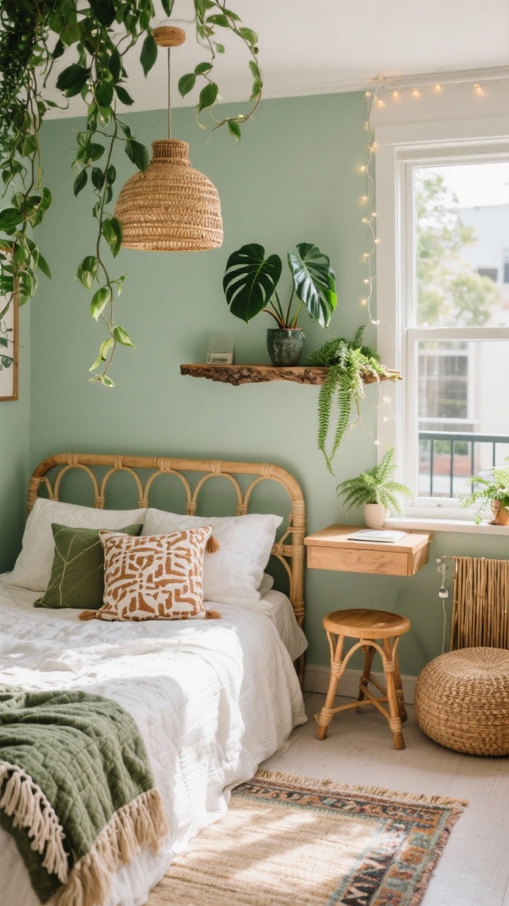 Photorealistic detail closeup focusing on textures and greenery in a botanical boho small bedroom by a sunny balcony. Sage-painted headboard wall behind a caned wood bed frame with off-white linen bedding; quilt in olive and clay, block-printed pillows, and a tasseled throw. Overhead, a trailing pothos from a ceiling hook; in the corner, a rubber plant; petite ferns on the window ledge. A live-edge wall shelf acting as a mini desk with a bentwood stool tucked under. Soft daylight streams in; in the blurred balcony background: floor cushions, a round woven pouf, narrow reed privacy screen, and a strand of solar fairy lights. Include a flat-weave kilim rug edge and low-hung woven rattan pendant for warm, organic ambience.