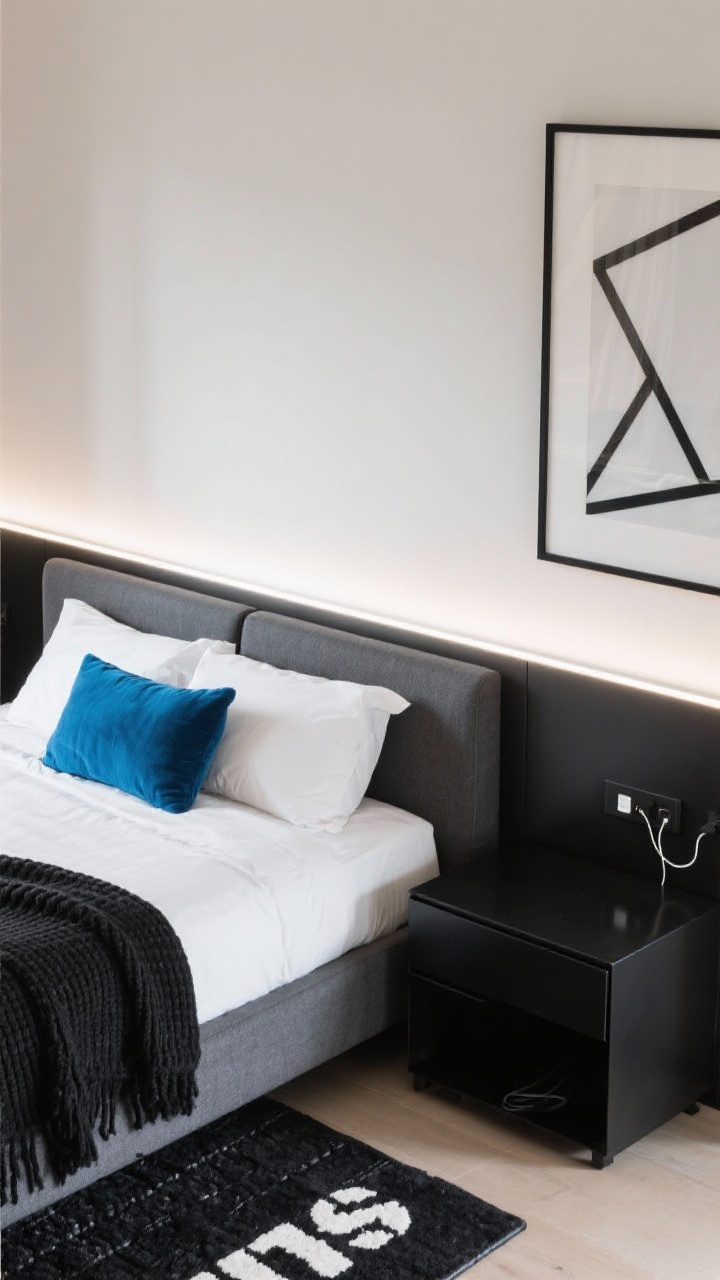 Photorealistic detail closeup from an overhead angle of the Sport-Luxe bed corner and tech-friendly night area: crisp white or soft greige wall edge visible, low upholstered bed in charcoal performance fabric; monochrome bedding—white sheets, graphite duvet, black knit throw; a precise pop via an electric blue pillow; matte black lacquer nightstand with hidden charging port and tidy cable management; slim LED strip glow behind the headboard casting cool, even light; textures include performance fabric, rubber-backed black-and-white athletic rug partially visible, and matte black finishes; minimal black-framed geometric art edge in frame; clean, sporty, modern mood, no people.