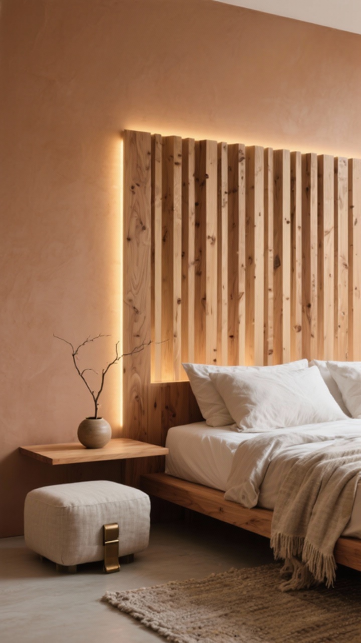 Photorealistic detail closeup, “Japandi Nest” textures and materials. A low oak bed backed by a vertical slatted wood feature panel running behind the headboard, captured from a side angle to emphasize the grain and rhythm of the slats. Butter-soft warm clay painted wall adjacent. Hidden skinny LED strip behind the headboard casting a gentle evening glow along the slats. Foreground: floating wood shelf with one ceramic vessel and a single branch; linen ottoman nearby. Textiles visible in frame: stonewashed sheets, natural cotton throw, textured neutral rug. Muted bronze hardware, earthy, spa-like calm, no high-contrast art, no people.
