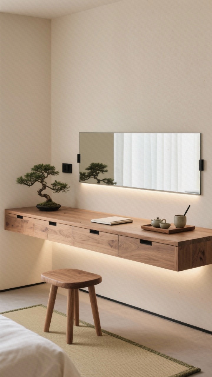 Photorealistic detail closeup, Japandi platform suite: low ash-wood slab desk floating over ultra-shallow concealed drawers, aligned beneath a long frameless mirror; warm beige wall background with matte black hardware accents; textures of bone white linen and ash wood grain; a backless oak stool tucked neatly under the desk; minimal LED task strip under the mirror emitting soft, even light; tatami-style floor mat at the edge of frame; a single bonsai and a ceramic tea set on a wooden tray; surfaces nearly bare save a notebook and ceramic pen cup. Serene, spa-like clarity, gentle diffusion, no clutter. No people.