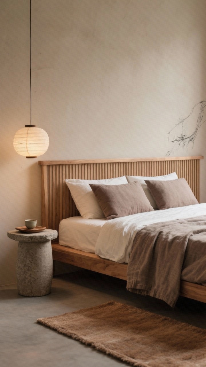 Photorealistic detail closeup, Japandi retreat textures and materials: focus on the ultra-low slim oak bed frame and flat wood headboard with a vertical slat wood panel wall behind it. Textural bedding layers in earthy neutrals: taupe linen duvet, ecru sheets, and a thin stone-colored muslin coverlet folded at the foot. Two rectangular lumbar cushions instead of fluffy pillows. At bedside, a cylinder ceramic stool as a minimalist nightstand, with a stone tray holding a single tea cup. Low-hanging paper lantern pendant softly glowing, mushroom beige walls. Include a hint of a wabi-sabi ink sketch and the edge of a wool-blend flat rug in clay/sand. Soft, diffused, calming evening light emphasizing tactile materials and negative space.