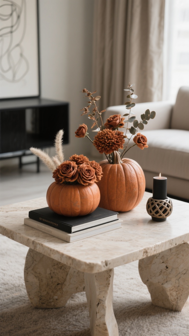 Photorealistic detail closeup, modern minimal living room coffee table vignette: travertine coffee table with three sculptural terracotta pumpkins in staggered sizes, each holding compact clusters of rust chrysanthemums, toffee roses, bunny tail grass, and bronze eucalyptus with short stems; two coffee table books stacked, a matte black candle, and a single ceramic knot; blurred background hinting at a low-profile warm greige sectional, minimalist black metal console, abstract line art, and linen drapes pooling slightly; palette of greige, bone, terracotta, matte black, soft copper; textures of bouclé, travertine, brushed metal, linen; soft diffused daylight, low angle focusing on forms and materials.