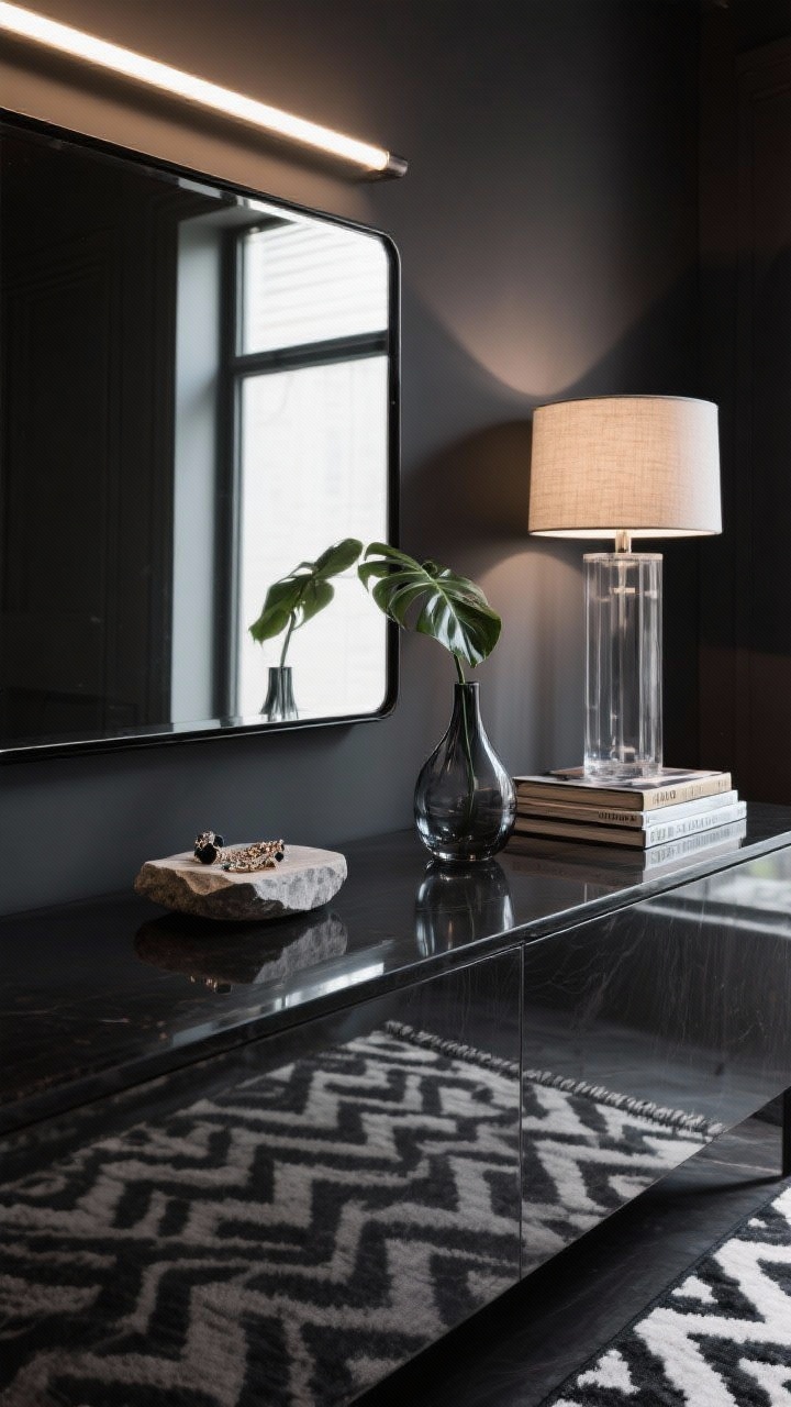 Photorealistic detail closeup, moody modern glam vanity surface against charcoal walls; mirrored vanity reflecting soft highlights, oversized rectangular mirror with black metal frame; lighting from a slim LED light bar above and a sleek acrylic lamp with linen shade creating controlled glow; decor details include a stone catchall with jewelry, a smoky glass vase holding a single monstera leaf, and a neat stack of fashion books; subtle glimpse of a low-pile monochrome geometric rug edge; deep, dramatic contrast with glossy reflections, tight framing to emphasize materials and shimmer, no people.