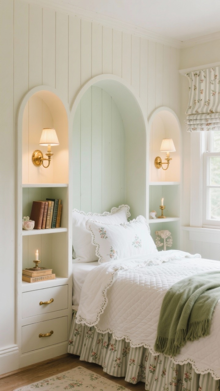 Photorealistic detail closeup of a “Cottagecore Nook With Built-Ins,” captured straight-on at bedside shelf height. Shallow built-in shelves with arched tops flanking the bed, painted creamy white; warm brass library sconces mounted above each shelf casting soft lamplight. Background shows vertical beadboard paneling behind the bed, walls in soft cream or pale sage. Bed dressed in white quilts with scalloped edges, micro-floral pillowcases, and a folded sage throw. On shelves: a few vintage books and sweet treasures. Window detail to the side with a roman shade in tiny floral or ticking stripe, layered with a breezy white curtain. Hints of white-painted wood bed with skirted under-bed storage or drawers. Warm brass accents, cotton, floral chintz, ticking stripe textures; candle-style LED warmth; cozy, storybook mood; no people.