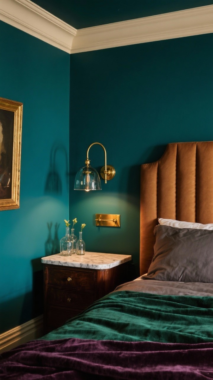 Photorealistic detail closeup of a moody jewel-box small bedroom vignette. Deep saturated teal wraps walls and ceiling in matte/eggshell, with trim color-matched to the walls for an enveloping effect. Brass swing-arm sconce mounted above a petite marble-topped nightstand; warm brass hardware gleaming softly. Channel-tufted caramel/cognac headboard partially in frame, stone-colored linen bedding with a draped velvet throw in forest green or plum. Smoked-glass pendant glow reflected subtly on the teal surface; gold-framed portrait edge visible. Narrow vintage dark-wood dresser corner and a cluster of glass bud vases on the nightstand. Low, dimmable evening lighting to create cozy shadows and a brass glow, intimate angle, no people.