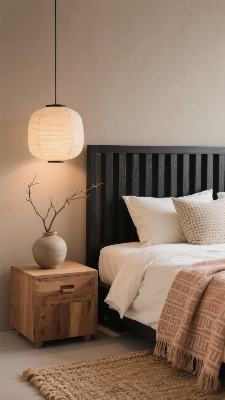 Photorealistic detail closeup of Japandi Serenity textures and contrast: taupe-beige wall as backdrop, black wood slatted headboard with clean lines; ecru cotton duvet, hand-loomed throw in soft clay draped casually, block-printed shams with a subtle micro-pattern; low-hung rice paper pendant glowing warmly beside the bed; rounded-edge oak cube nightstand with push-latch drawer, stoneware vase holding a single sculptural branch; hint of natural jute-wool chunky weave rug at the bottom edge; warm 2700K light temperature, calm and organic, shallow depth of field focusing on fabric weaves and wood grain.