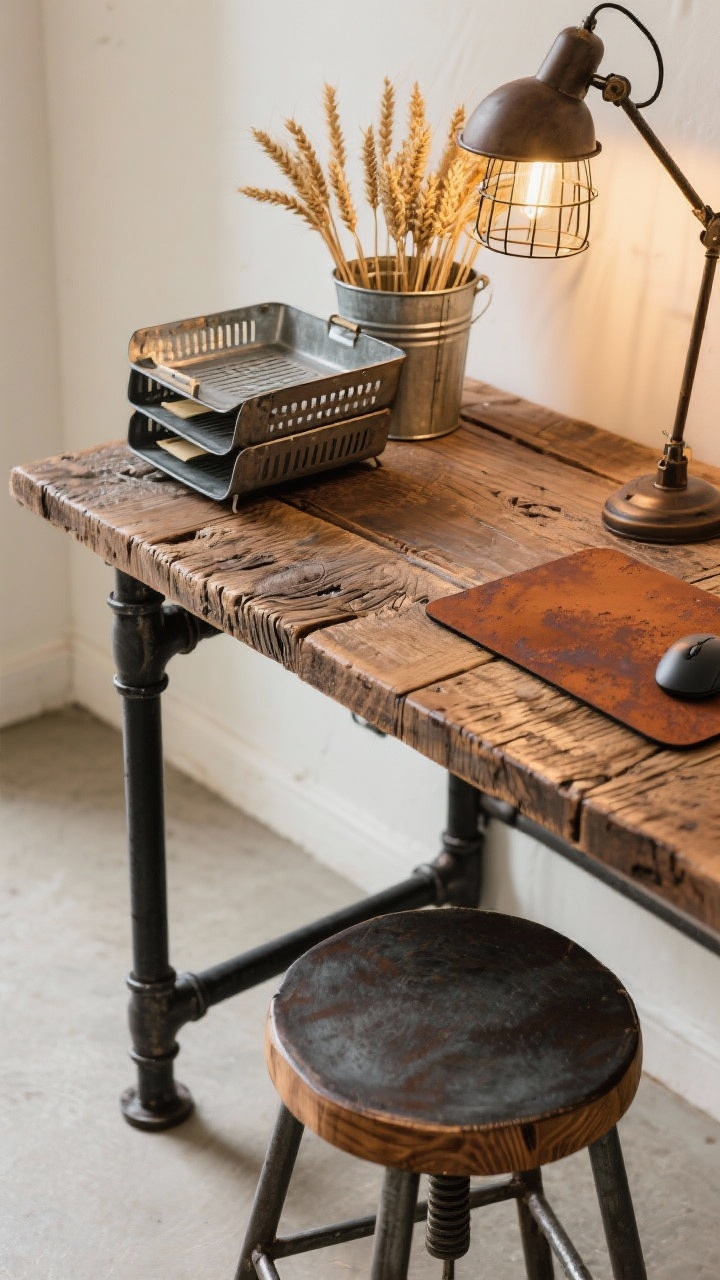 Photorealistic detail closeup of rustic industrial elements: reclaimed wood desktop with visible grain on black pipe legs, metal stool with wood seat edge. Objects include a stacked metal file tray, galvanized bucket holding wheat stems, caged desk lamp casting warm golden hour light, and a burnt sienna mouse pad softening the grit. Palette of tobacco, rust, gunmetal, cream, and walnut. Tight, angled shot emphasizing texture contrast between metal and wood.