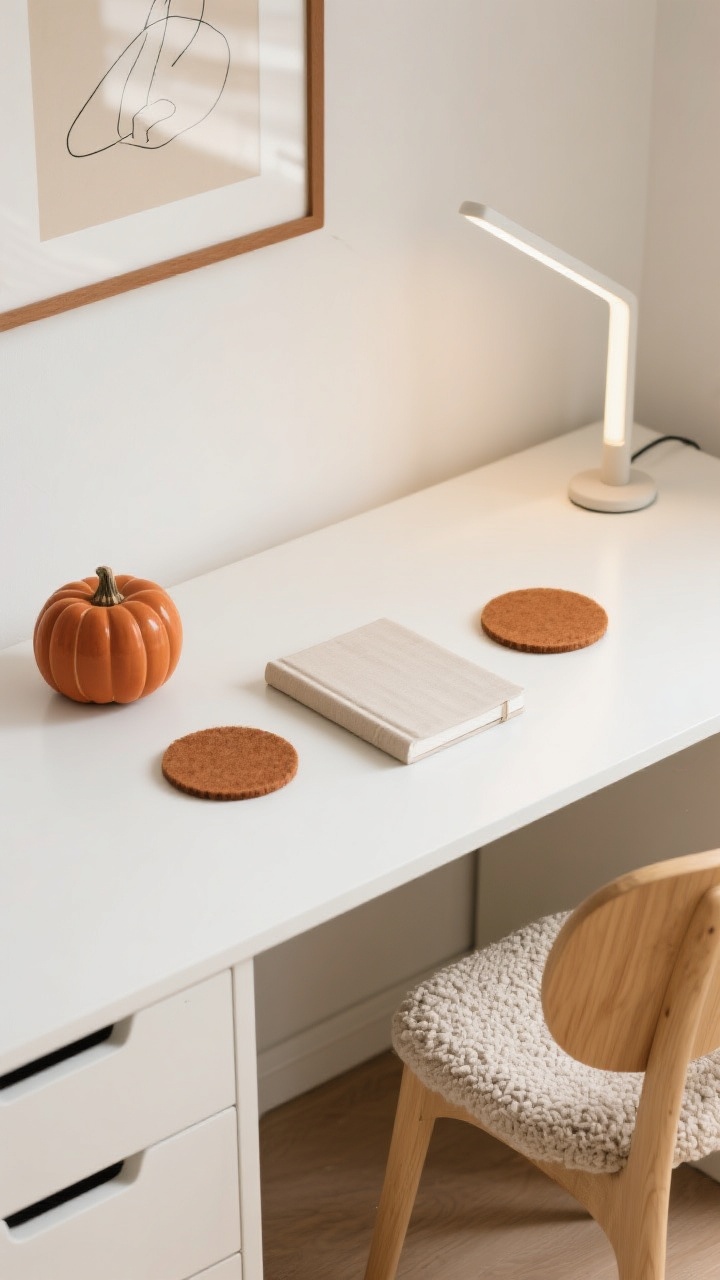 Photorealistic detail closeup, overhead perspective of a minimalist white desk with integrated drawers and a blonde wood curved-back chair edge peeking in. On the clean surface: a slim LED lamp, a matte terracotta ceramic pumpkin paperweight, and a linen-covered notebook. Felt coasters and a boucle seat pad add texture; a single line-art print with a tan mat visible at the top edge. Palette of ivory, oatmeal, terracotta, ginger, and soft black, with bright, soft diffused light for a clean, clutter-free vibe.