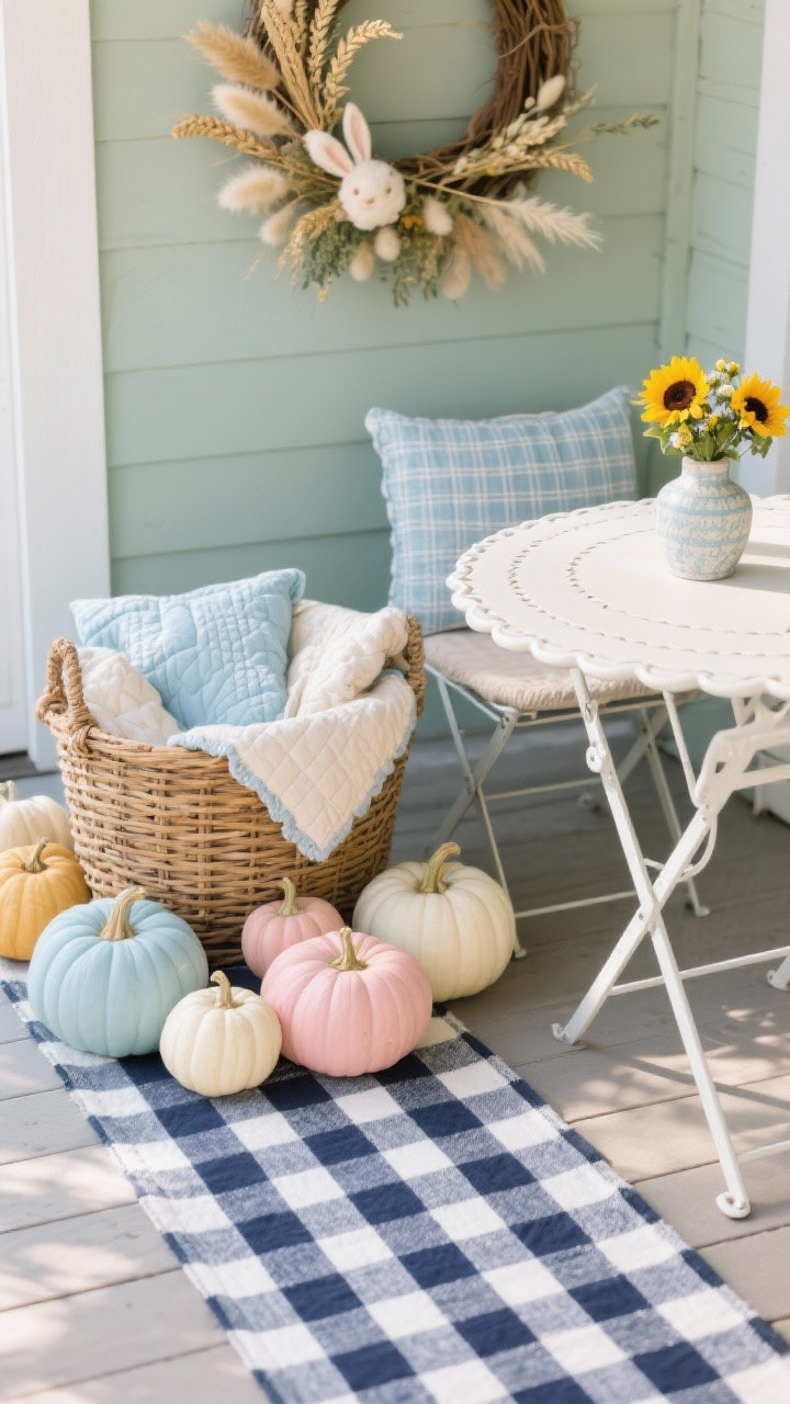Photorealistic detail closeup, overhead perspective: a gingham outdoor runner in deep navy shows crisp pattern alongside pastel pumpkins in pale blue, blush, and cream clustered around a woven basket stuffed with folded cozy quilts; nearby, the edge of a white-painted bistro table with scalloped cushion peeks in, holding a petite vase of mini sunflowers; a handmade dried floral wreath with wheat and bunny tails hangs softly blurred in the background; palette of sage, soft blue, cream, blush, honey; textures of wicker, painted metal, cotton gingham; natural daylight; no people.