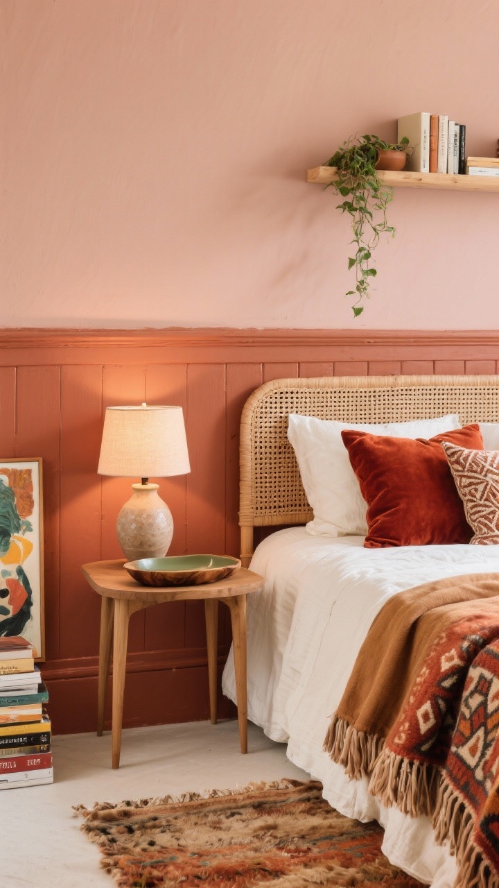 Photorealistic detail closeup, slightly angled, of a clay-blush wall with terracotta undertone, featuring a roughly 36-inch-high wainscot line painted one shade darker in the same hue. In front, a rattan/cane headboard and slim wooden side table with an olive wood tray. Layered textiles visible in frame: cream linen duvet, camel and rust accents including a rust velvet pillow and patterned throws; fringed wool rug texture at the bottom edge. Eclectic art stack partially visible, plus a ceramic table lamp with a soft shade casting warm, diffused light; hint of a pale wood wall-mounted narrow shelf holding small books and trailing greenery. Warm, inviting boho luxe mood.