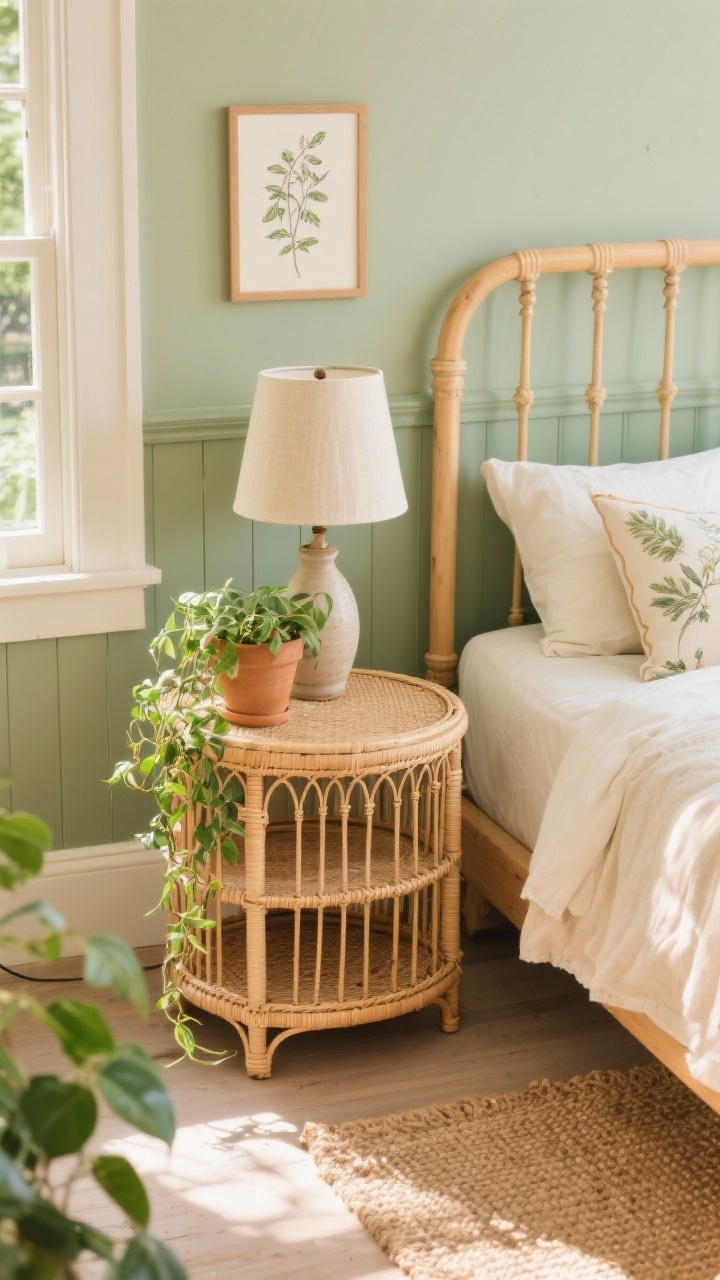 Photorealistic detail closeup, slightly overhead angle: Focus on a rattan drum side table with a hidden shelf, topped with a small ceramic lamp with a tapered linen shade and a trailing plant in a footed pot spilling gently toward the floor. Surrounding elements hint at the room: palette of sage, honey, cream, and fresh leafy greens; light wood spindle bed edge in frame; soft sage wall or half-height wainscot; botanical print pillowcases and warm-cream cotton-linen duvet nearby. A sisal rug texture visible underfoot and a small botanical sketch hung above the table. Bright, sun-drenched morning light for a breezy, greenhouse-cafe vibe. No people.