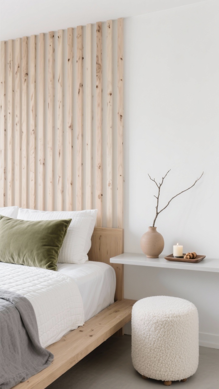 Photorealistic detail closeup, straight-on crop of the headboard zone: vertical pale oak slat accent wall with even spacing and soft daylight raking across the grain. In front, a low natural-wood platform bed with a quilted white coverlet and gray linen sheets; a sage velvet lumbar pillow adding a quiet color note. Slim floating night shelf with a simple clay vase holding a single branch, and a small tray with a candle and wood beads. At the frame edge, a hint of a round ivory boucle stool. Clean Japandi calm, warm white and soft gray palette, minimal and serene, no people.