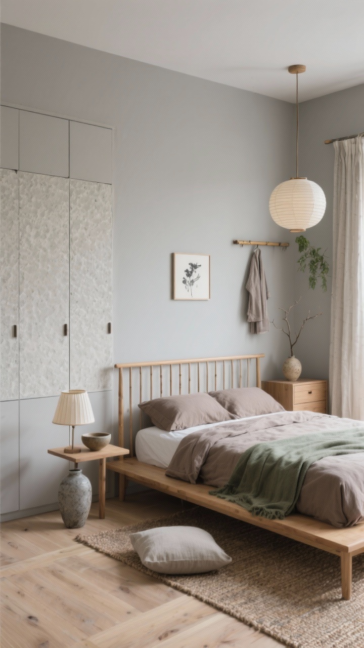 Photorealistic detail/medium shot focusing on Japandi textures and negative space in a 10x10 bedroom: greige walls with one microtextured limewash accent, matte bamboo (or light maple) flooring. A low natural wood platform bed with a slim spindle headboard is placed slightly off-center, leaving intentional negative space for a floor vase or meditation cushion. On the opposite side, a single low nightstand with a rice-paper table lamp. Stone-washed linen bedding in taupe, a sage throw, and lightweight linen curtains pooling slightly. A tatami-style or flat jute rug under the bed. A seamless floor-to-ceiling paneled wardrobe with push-latch doors (no handles) along one wall. Paper lantern pendant over the open side of the bed, a wall-mounted rail with a robe and small hanging plant near the door. Minimal decor: one ceramic bowl on a dresser, a wabi-sabi vase with a single branch, and a small ink wash print above the bed. Calm, balanced mood, side angle.