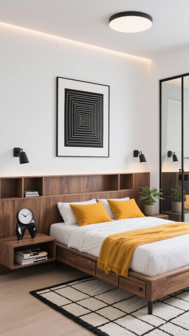Photorealistic detail/medium shot, Graphic Micro Modern. White walls with black, white, and warm walnut palette plus a single accent color (choose saffron). A wall-to-wall walnut headboard panel with integrated cubbies and narrow shelf functioning as headboard and nightstand; a slim platform bed perfectly tucked in, with hidden drawers slightly ajar. On the shelf, a sculptural table clock, a glossy magazine stack, and a single low plant in a matte pot. Above, an oversized black-and-white graphic print (geometric/abstract line work). Micro sconces with pivoting heads in matte black on either side. Bedding: crisp white with a solid saffron throw and two saffron accent pillows. Thin black-and-cream grid rug underfoot. Closet with sliding mirror doors reflecting light to visually double space. Lighting: dimmable flush-mount disc light overhead and a soft LED tape halo behind the headboard. Perspective: straight-on waist-level composition emphasizing clean lines and storage precision.
